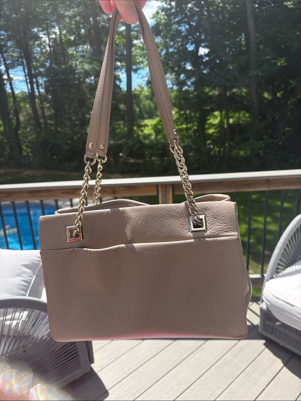 kate spade taupe leather shoulder bag with gold chain accents - Picture 2 of 9